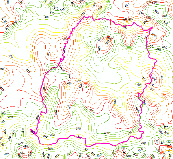 mapa com curvas de nível para representação topográfica