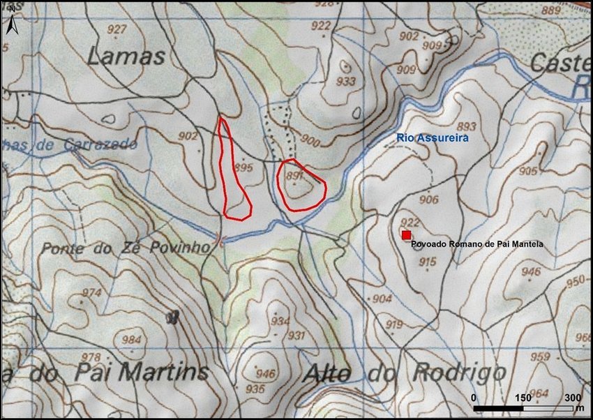 Carta topográfica da área da pesquisa, com a localização dos sítios