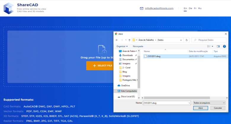 abrir arquivo dwg online - seleção do arquivo